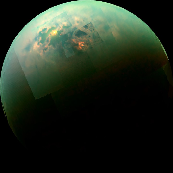 Sun glinting off Titan's north polar seas, picture taken by Cassini spacecraft.